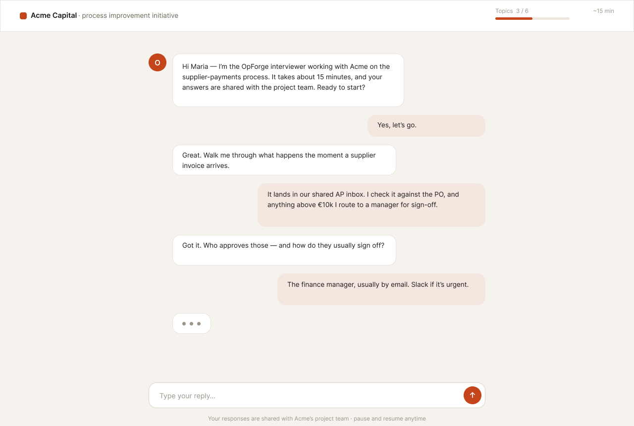 OpForge AI interview chat with Maria, an AP Lead at Acme Capital